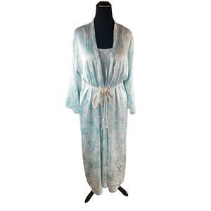 Oscar de la renta pink label cami nighty robe set blue floral rope M/L